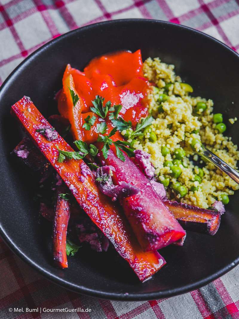 Baked colorful carrots with feta and pea couscous | GourmetGuerilla.com