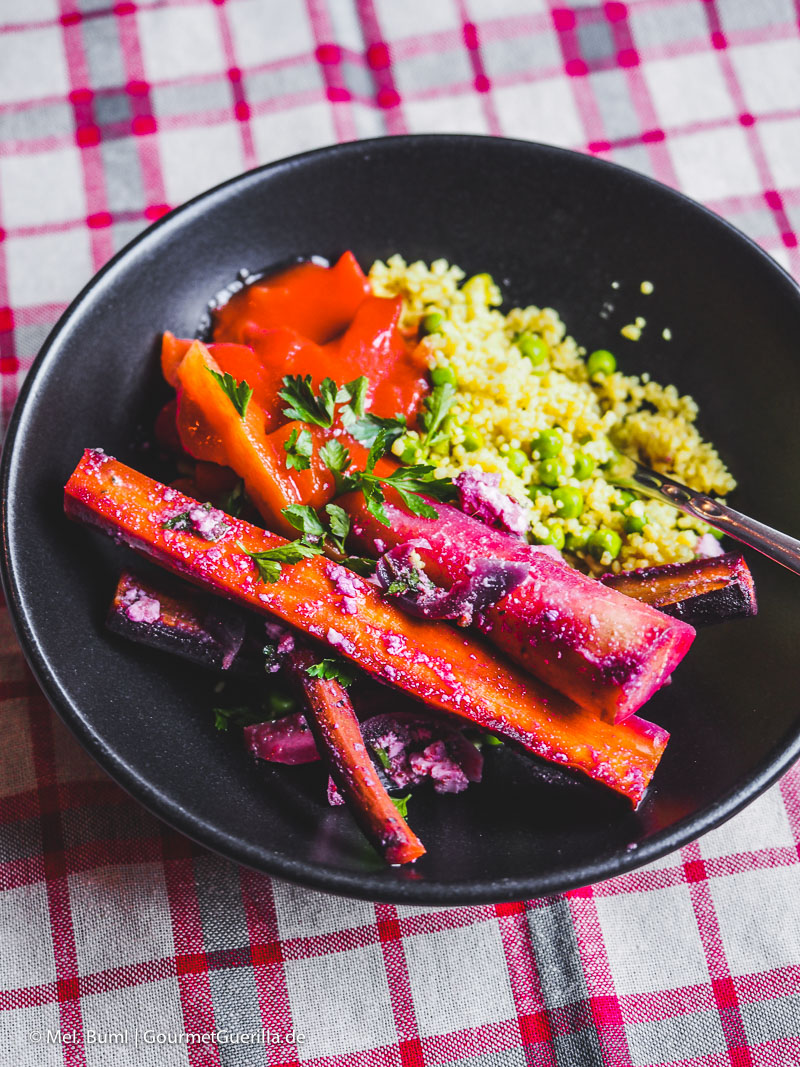 Baked colorful carrots with feta and pea couscous | GourmetGuerilla.com